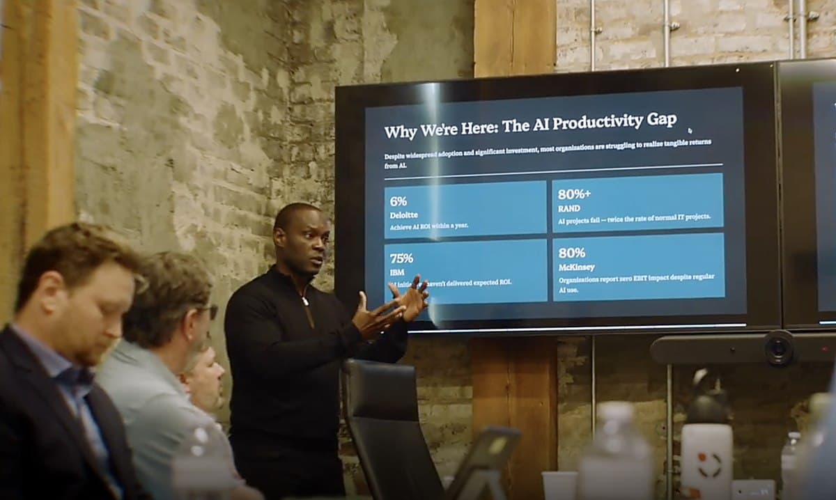 Shegun Otulana presenting the AI Productivity Gap findings during a Blueprint session at Venture Yards
